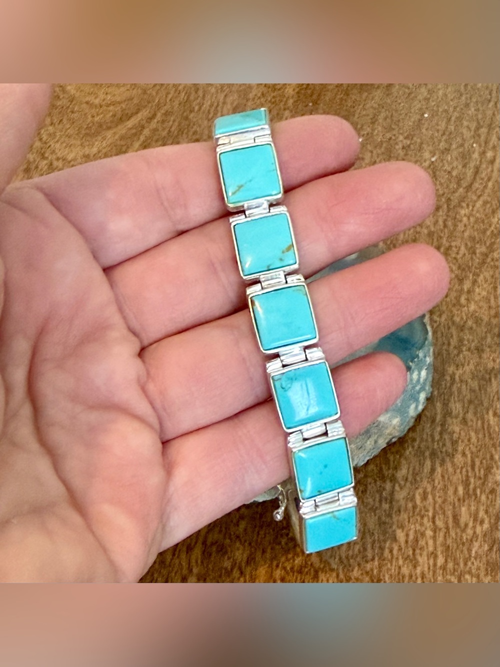 Turquoise Inlaid & Sterling Silver Line Bracelet with Safety Clasps